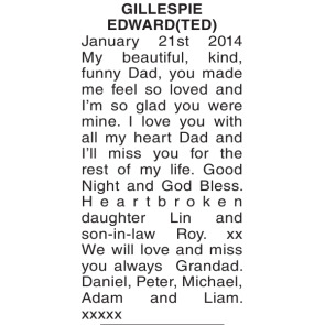 Funeral Notices - EDWARD TED Gillespie