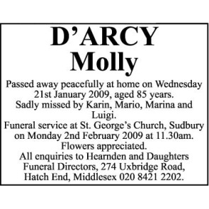 Notice Gallery for MOLLY D'ARCY