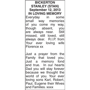 Notice Gallery for STANLEY (STAN) BICKERTO