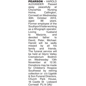 Notice Gallery for HAROLD ALEXANDER Pearson
