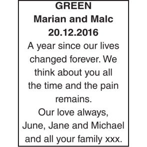 Notice Gallery for Marian and Malc GREEN
