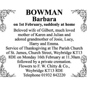 Notice Gallery for BARBARA BOWMAN