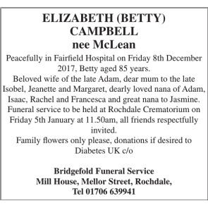 Notice Gallery for ELIZABETH (BETTY) CAMPBELL