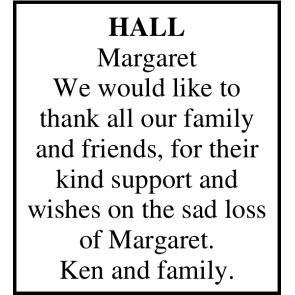 Notice Gallery for MARGARET HALL